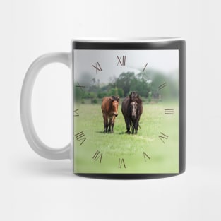 Two horses on pasture looking at camera Mug